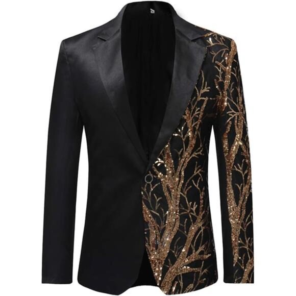 Men's Tux Dress Blazer Gold Sequins Floral Suit Party Dinner Prom Slim Fit